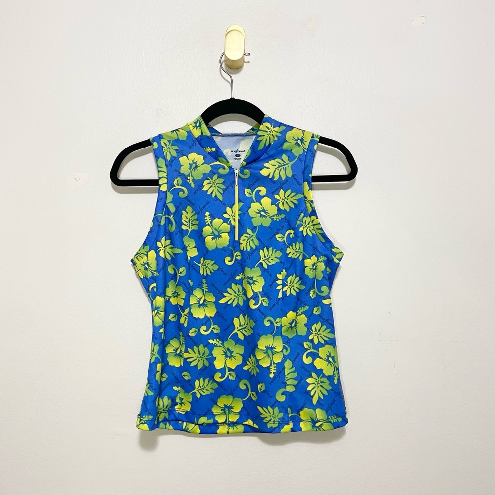 Shebeest Blue Green Floral Sleeveless Quarter Zip Biking Top